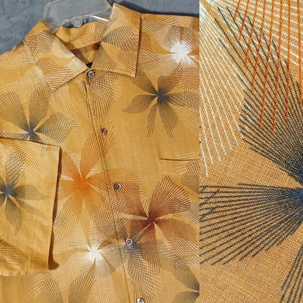 Jim Thompson Linen Hawaiian Mens Camp Shirt Golden Yellow Resort Wear Palm Fauna